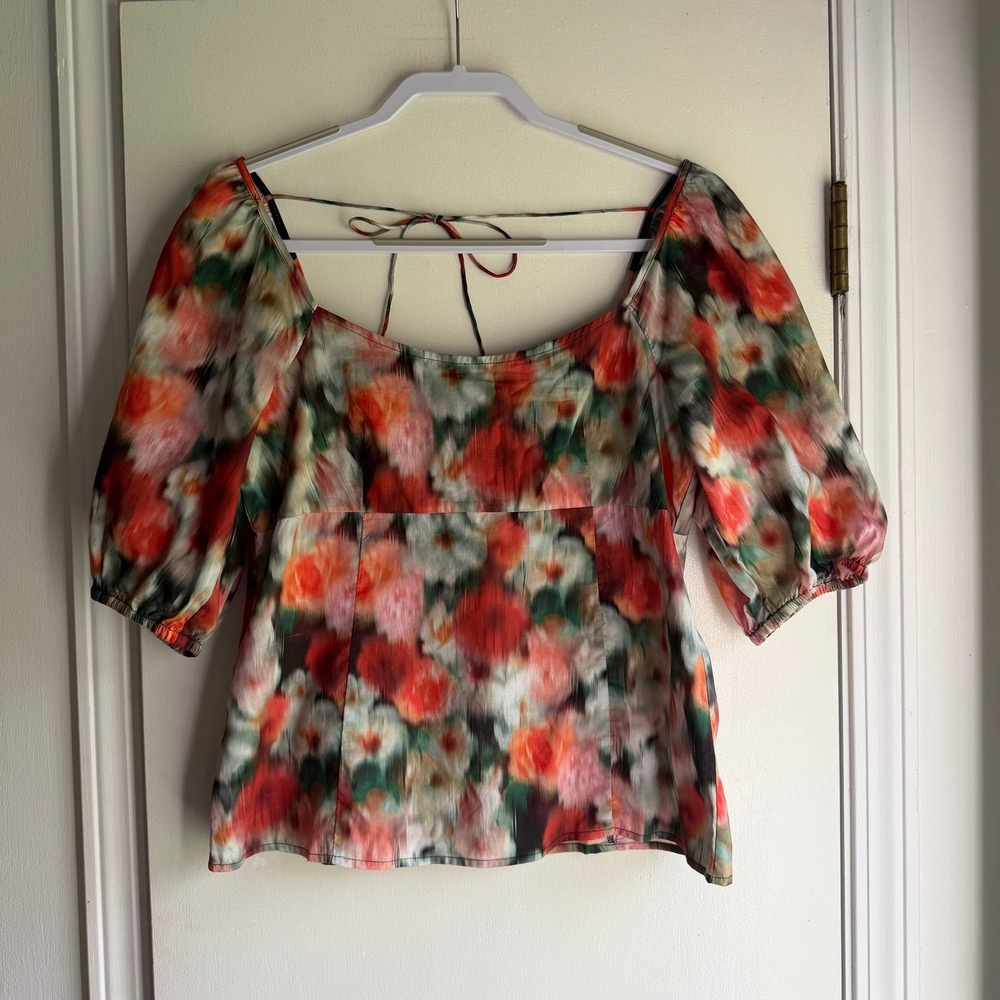 J.Crew Liberty Fabric Floral Puff Sleeve Square Neck Top Red Orange Green 8